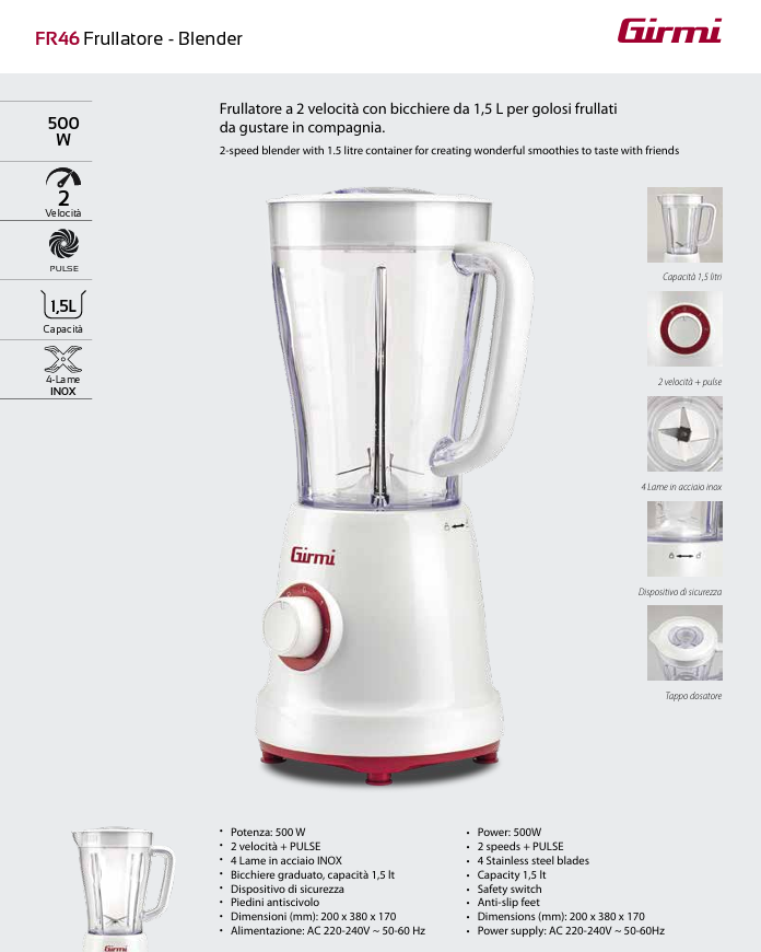 FRULLATORE GIRMI FR46 - 1,5L 500W - immagine 5